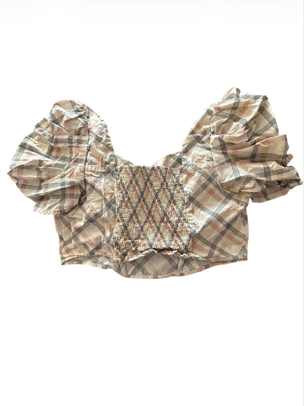 Plaid Puff-Sleeve Sweetheart Crop Top in Beige - Picture 3 of 4